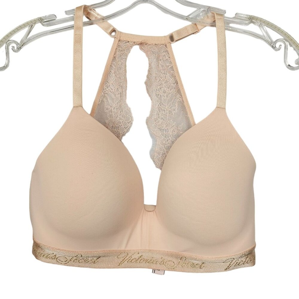 Victoria's Secret Bra 34DD T-Shirt Light Peach Lace Back Wireless Lightly Lined